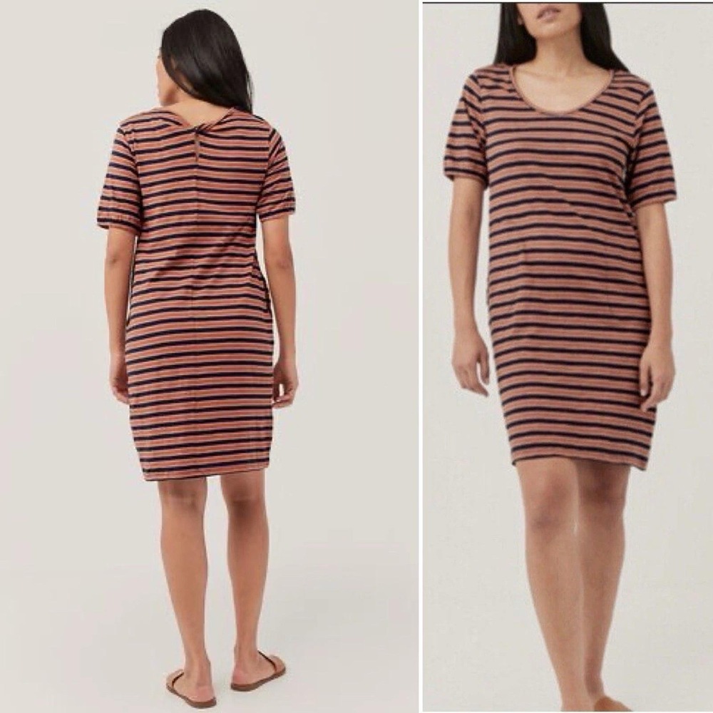 Pact Women's Size M Harvest Stripe Avery Dress‎ Organic Cotton Twist Back Earthy
